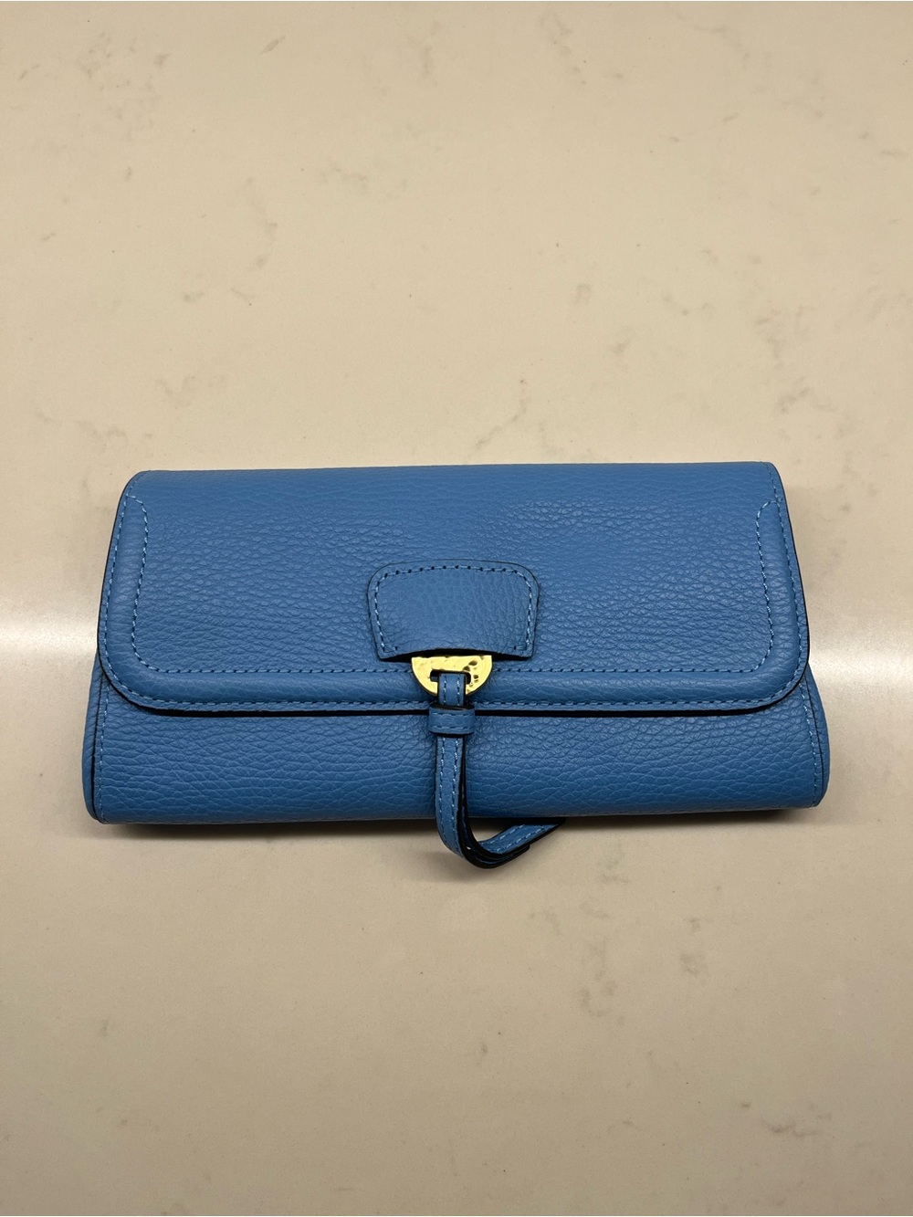 Annabel Ingall Blue Pebbled Leather Clutch Wallet with Gold-Tone Accent